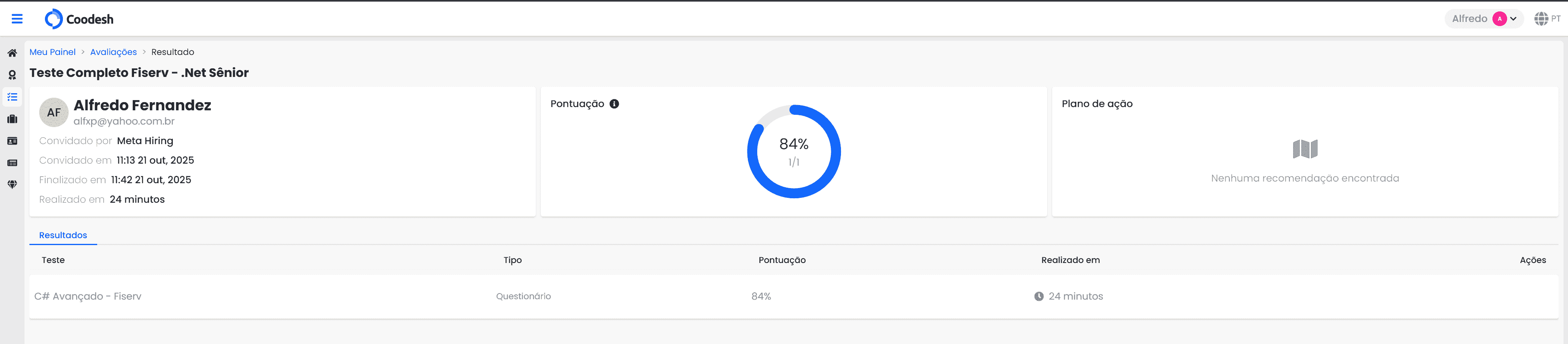 Resultado final da avaliação no Codeleap – 84% de acerto